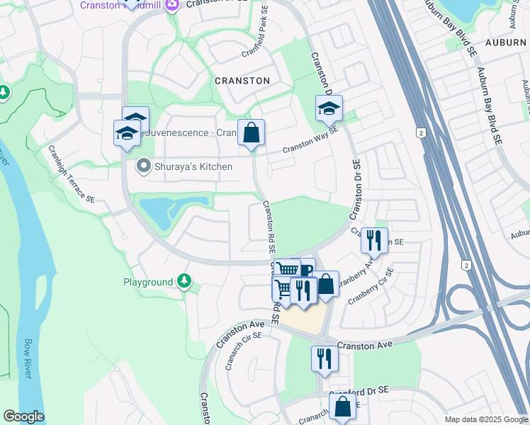 map of restaurants, bars, coffee shops, grocery stores, and more near 211 Cranston Road Southeast in Calgary