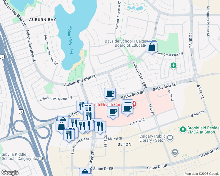 map of restaurants, bars, coffee shops, grocery stores, and more near Auburn Bay Square Southeast in Calgary