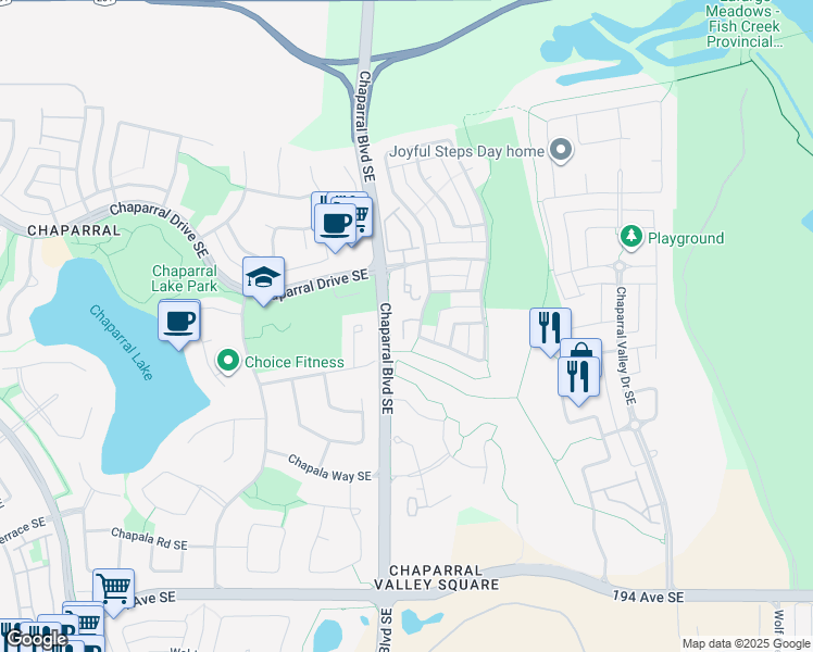 map of restaurants, bars, coffee shops, grocery stores, and more near 78 Chaparral Ridge Park Southeast in Calgary