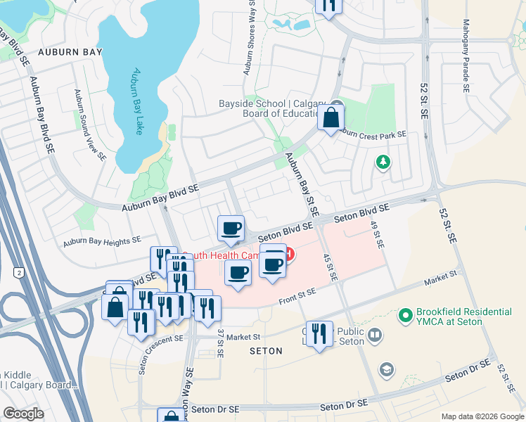 map of restaurants, bars, coffee shops, grocery stores, and more near 28 Auburn Bay Link in Calgary