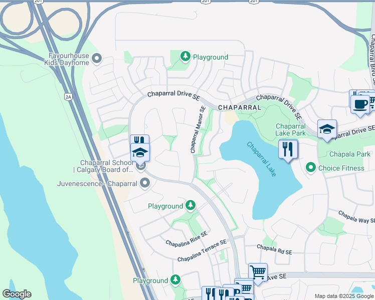 map of restaurants, bars, coffee shops, grocery stores, and more near 18591 Chaparral Manor Southeast in Calgary