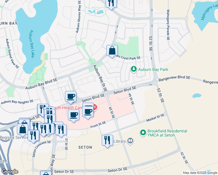 map of restaurants, bars, coffee shops, grocery stores, and more near 30 Auburn Bay Street Southeast in Calgary