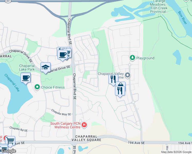 map of restaurants, bars, coffee shops, grocery stores, and more near 2 Chaparral Ridge Rise Southeast in Calgary