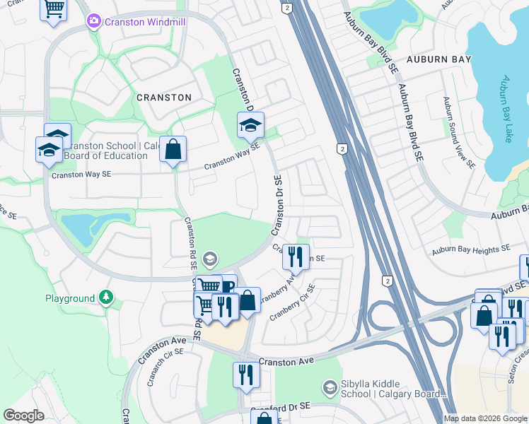 map of restaurants, bars, coffee shops, grocery stores, and more near 91 Cranfield Manor Southeast in Calgary