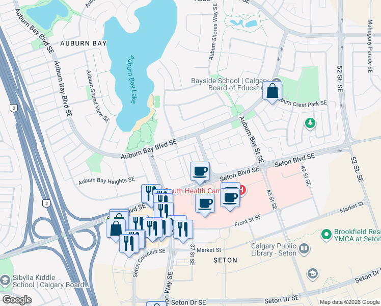 map of restaurants, bars, coffee shops, grocery stores, and more near 915 Auburn Bay Square Southeast in Calgary