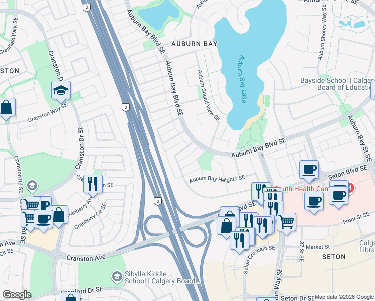 map of restaurants, bars, coffee shops, grocery stores, and more near 134 Auburn Bay Heights Southeast in Calgary