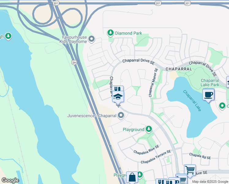 map of restaurants, bars, coffee shops, grocery stores, and more near 433 Chaparral Drive Southeast in Calgary
