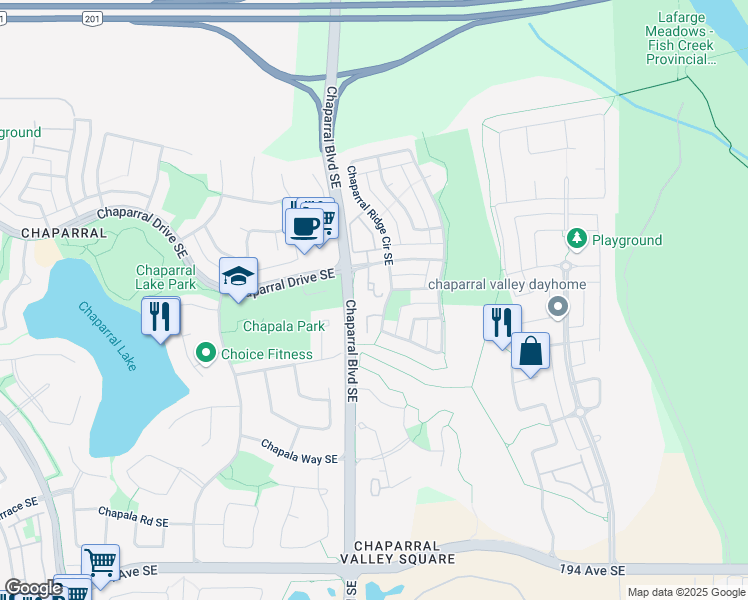 map of restaurants, bars, coffee shops, grocery stores, and more near 11 Chaparral Ridge Drive Southeast in Calgary