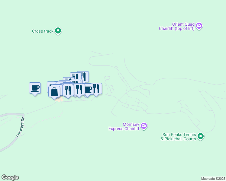 map of restaurants, bars, coffee shops, grocery stores, and more near 3300 Village Way in Sun Peaks