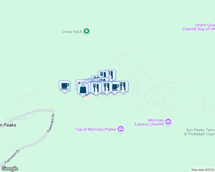 map of restaurants, bars, coffee shops, grocery stores, and more near 3220 Village Way in Sun Peaks