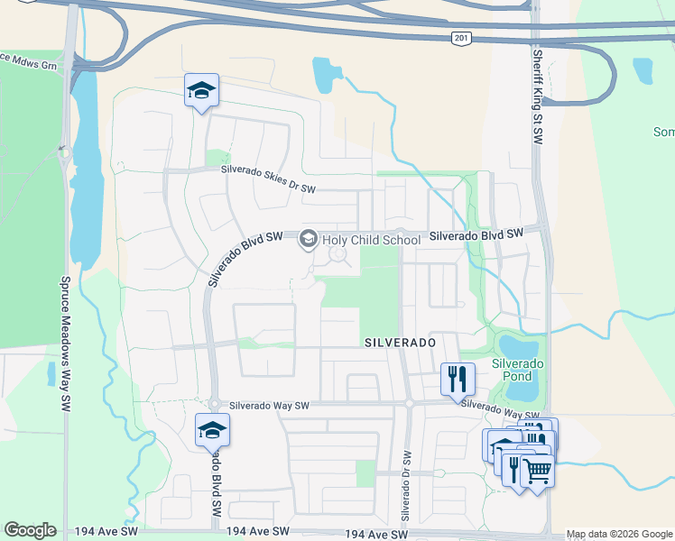map of restaurants, bars, coffee shops, grocery stores, and more near 175 Silverado Boulevard Southwest in Calgary