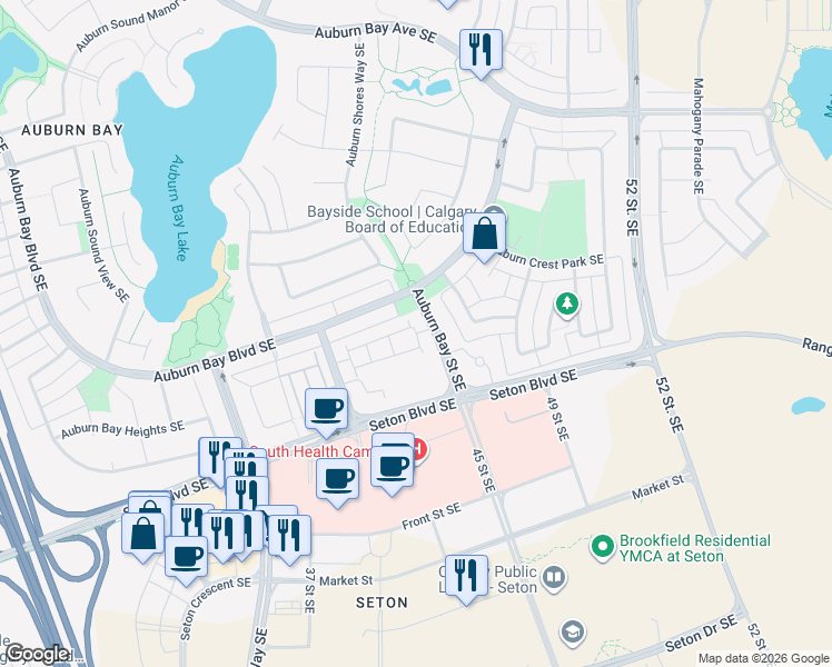 map of restaurants, bars, coffee shops, grocery stores, and more near 917 Auburn Bay Circle Southeast in Calgary