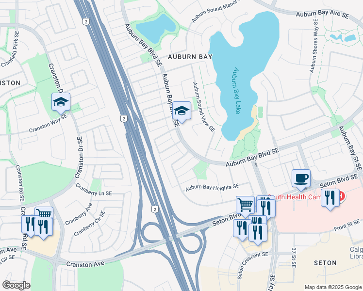 map of restaurants, bars, coffee shops, grocery stores, and more near 243 Auburn Bay Boulevard Southeast in Calgary