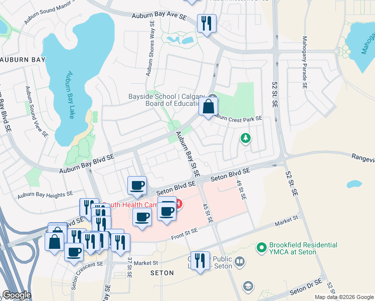 map of restaurants, bars, coffee shops, grocery stores, and more near Auburn Bay Street Southeast in Calgary