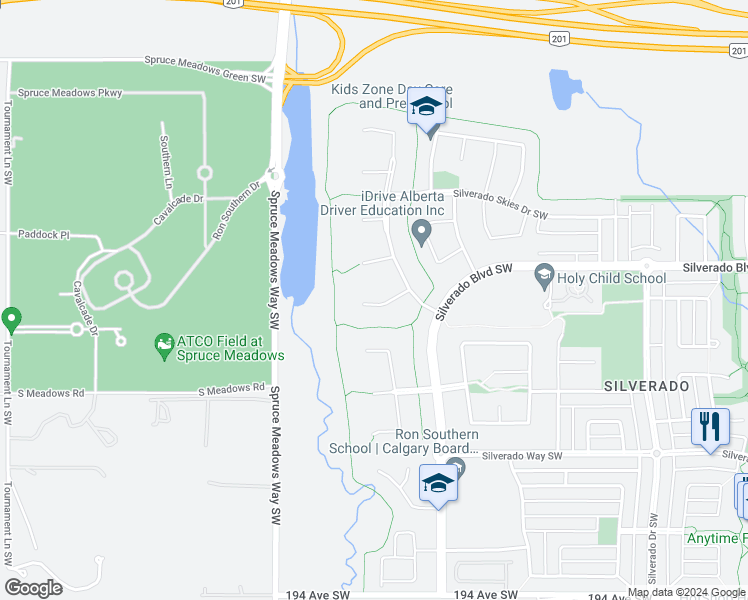 map of restaurants, bars, coffee shops, grocery stores, and more near 145 100 Silverado Ranch Manor Southwest in Calgary
