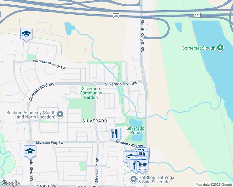 map of restaurants, bars, coffee shops, grocery stores, and more near 80 Silverado Range Close Southwest in Calgary