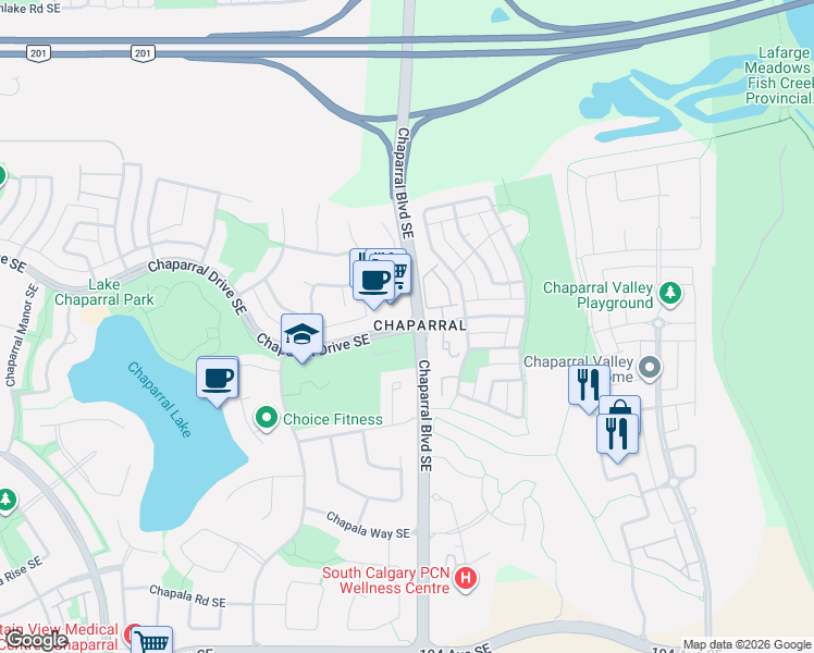 map of restaurants, bars, coffee shops, grocery stores, and more near 0 Chaparral Drive Southeast in Calgary