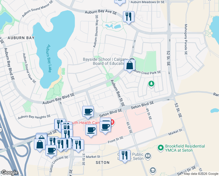 map of restaurants, bars, coffee shops, grocery stores, and more near 925 Auburn Bay Circle Southeast in Calgary