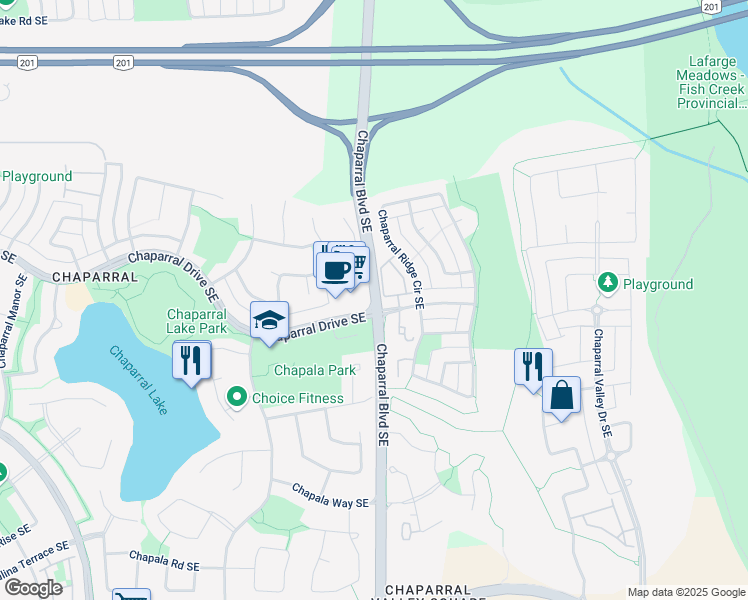 map of restaurants, bars, coffee shops, grocery stores, and more near Chaparral Boulevard in Calgary