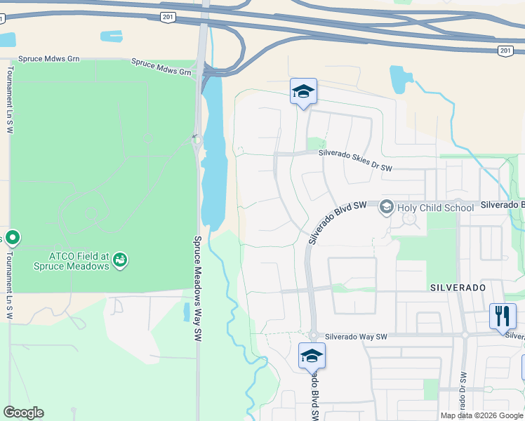 map of restaurants, bars, coffee shops, grocery stores, and more near 145 100 Silverado Ranch Manor Southwest in Calgary