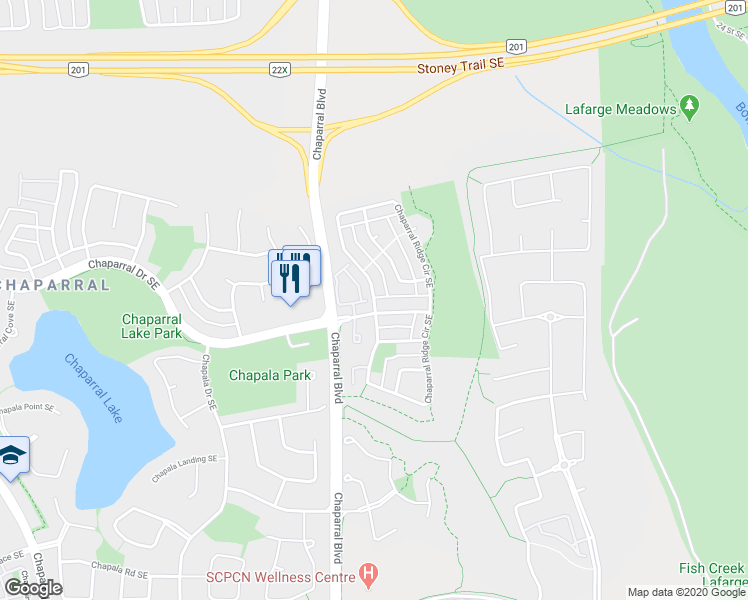 map of restaurants, bars, coffee shops, grocery stores, and more near Chaparral Ridge Circle Southeast in Calgary