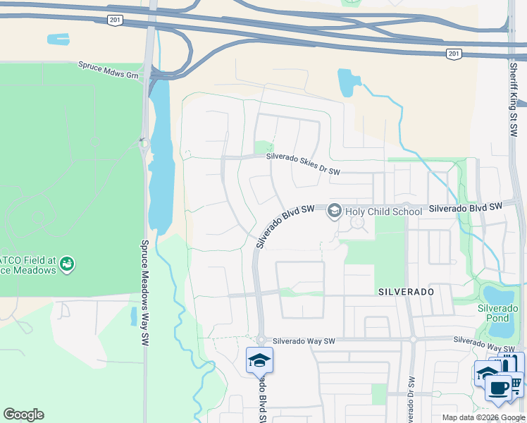 map of restaurants, bars, coffee shops, grocery stores, and more near 296 Silverado Boulevard Southwest in Calgary