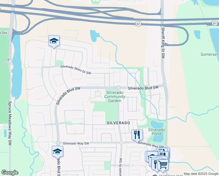 map of restaurants, bars, coffee shops, grocery stores, and more near Silverado Boulevard Southwest in Calgary