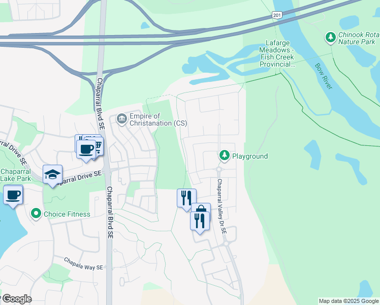 map of restaurants, bars, coffee shops, grocery stores, and more near 140 Chaparral Valley View in Calgary