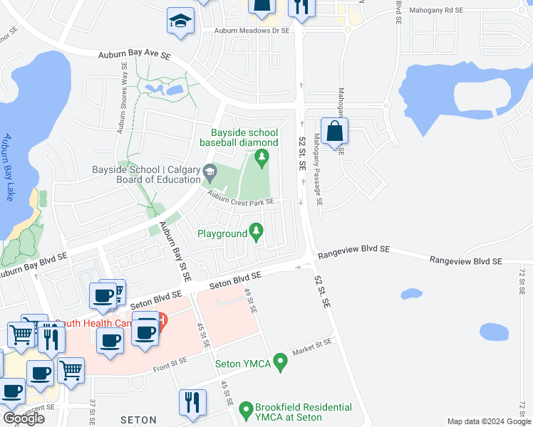 map of restaurants, bars, coffee shops, grocery stores, and more near 529 Auburn Crest Way Southeast in Calgary