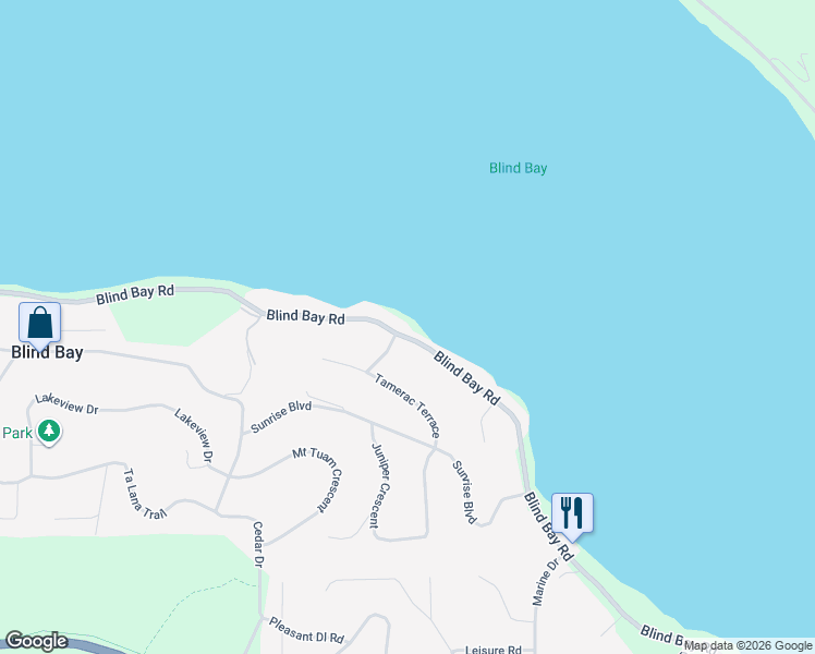 map of restaurants, bars, coffee shops, grocery stores, and more near 2415 Blind Bay Road in Blind Bay