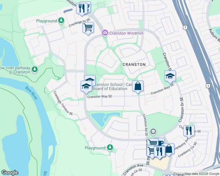 map of restaurants, bars, coffee shops, grocery stores, and more near 27 Cranwell Link Southeast in Calgary