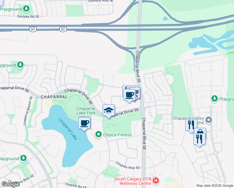 map of restaurants, bars, coffee shops, grocery stores, and more near 80 Chaparral Way Southeast in Calgary