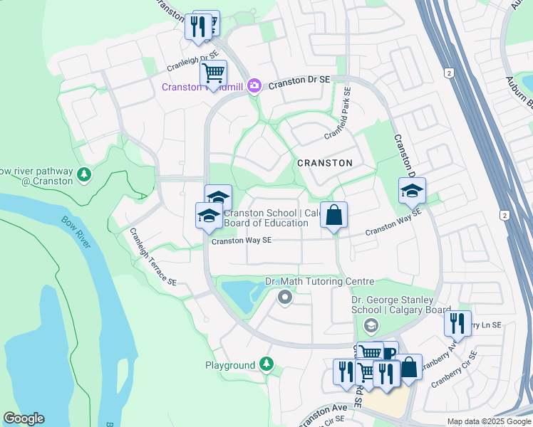 map of restaurants, bars, coffee shops, grocery stores, and more near 28 Cranwell Link Southeast in Calgary