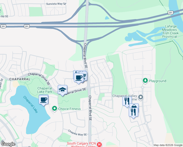map of restaurants, bars, coffee shops, grocery stores, and more near 57 Chaparral Ridge Terrace Southeast in Calgary