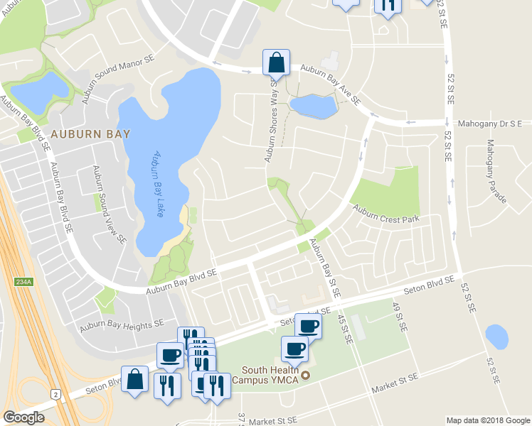 map of restaurants, bars, coffee shops, grocery stores, and more near 83 Auburn Shores Manor Southeast in Calgary