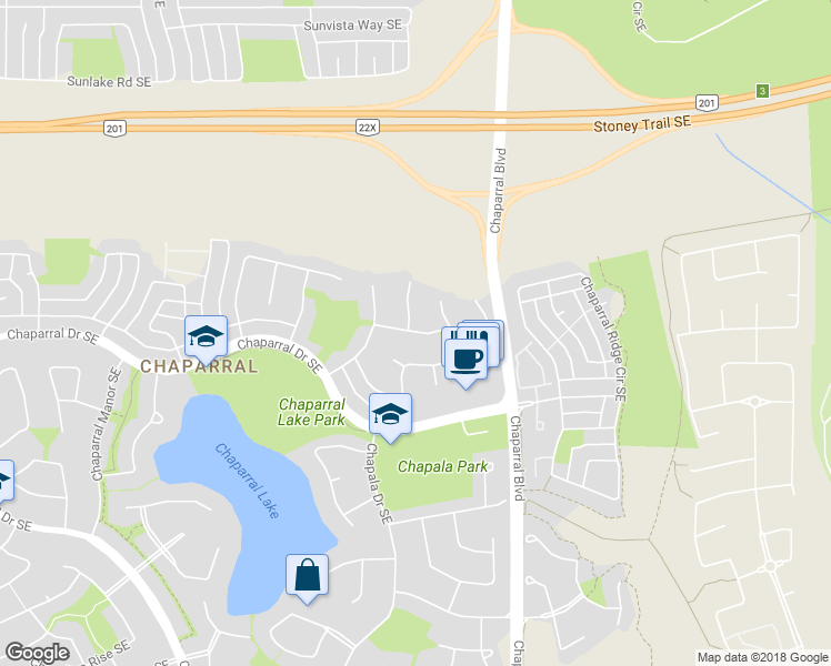 map of restaurants, bars, coffee shops, grocery stores, and more near 80 Chaparral Way Southeast in Calgary