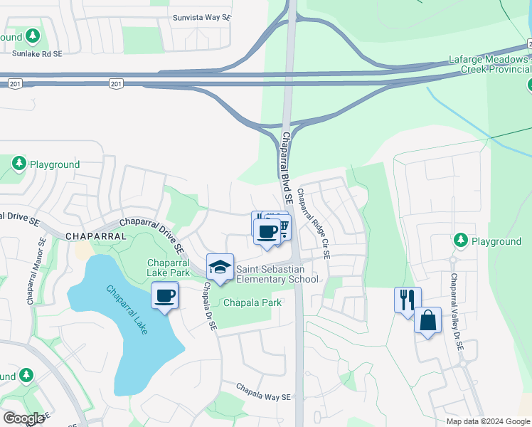 map of restaurants, bars, coffee shops, grocery stores, and more near 117 Chaparral Way Southeast in Calgary