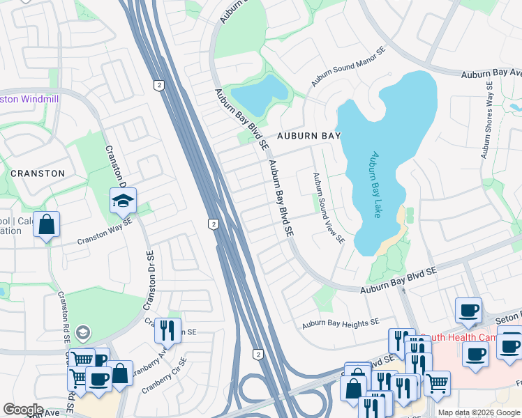 map of restaurants, bars, coffee shops, grocery stores, and more near 21 Auburn Bay View Southeast in Calgary