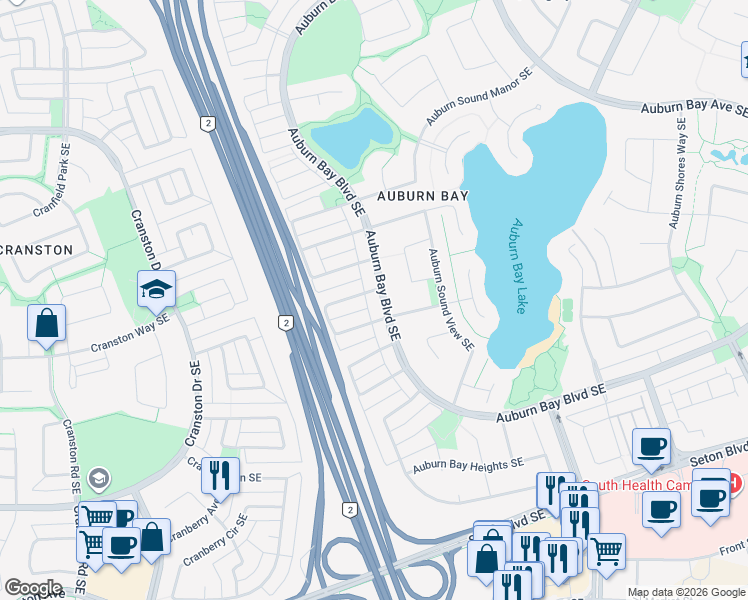 map of restaurants, bars, coffee shops, grocery stores, and more near 331 Auburn Bay Boulevard Southeast in Calgary