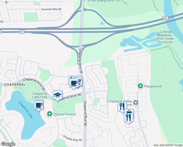 map of restaurants, bars, coffee shops, grocery stores, and more near 57 Chaparral Ridge Terrace Southeast in Calgary