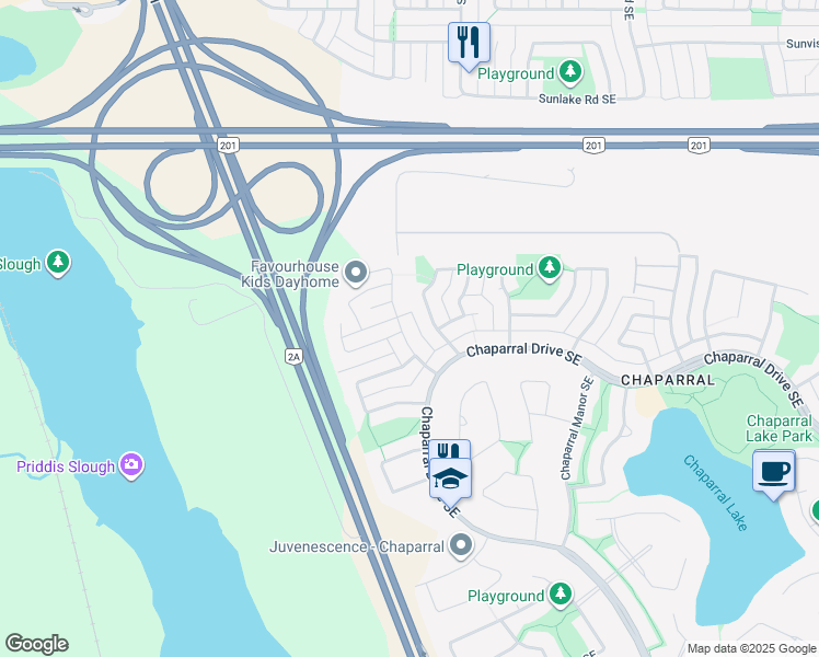 map of restaurants, bars, coffee shops, grocery stores, and more near 50 Chapalina Way Southeast in Calgary