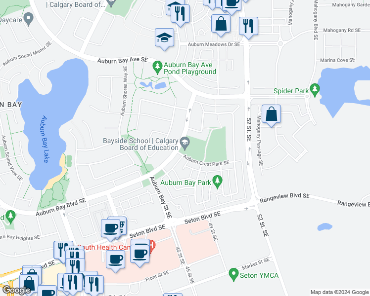 map of restaurants, bars, coffee shops, grocery stores, and more near 15 Auburn Crest Park Southeast in Calgary