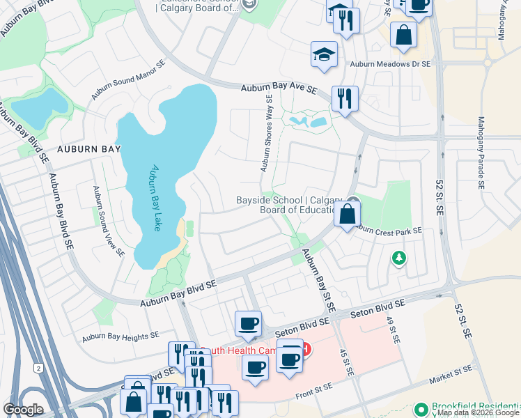 map of restaurants, bars, coffee shops, grocery stores, and more near 83 Auburn Shores Manor Southeast in Calgary