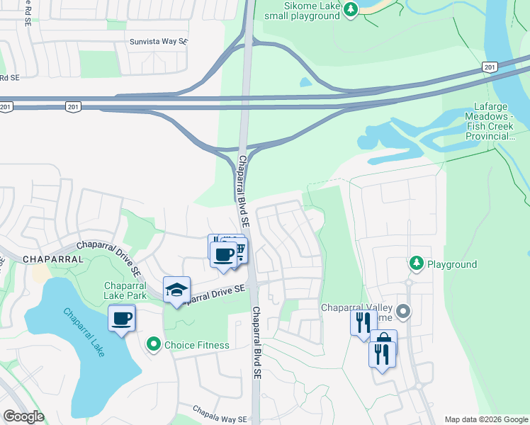 map of restaurants, bars, coffee shops, grocery stores, and more near 143 Chaparral Ridge Circle Southeast in Calgary