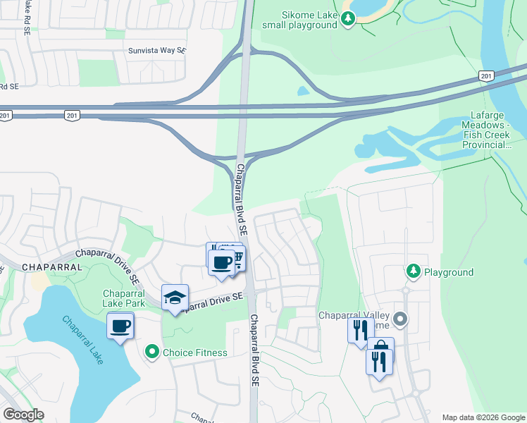 map of restaurants, bars, coffee shops, grocery stores, and more near 143 Chaparral Ridge Circle Southeast in Calgary