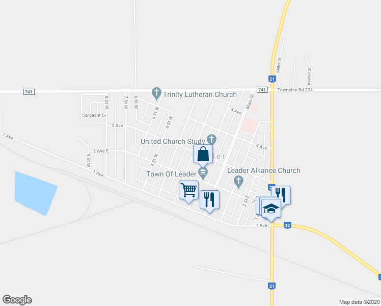 map of restaurants, bars, coffee shops, grocery stores, and more near 236 2 Street West in Leader