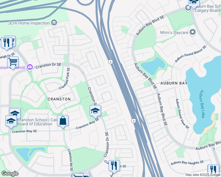 map of restaurants, bars, coffee shops, grocery stores, and more near 107 Cranberry Way Southeast in Calgary