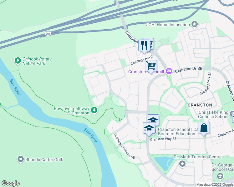 map of restaurants, bars, coffee shops, grocery stores, and more near 75 Cranleigh Mews Southeast in Calgary