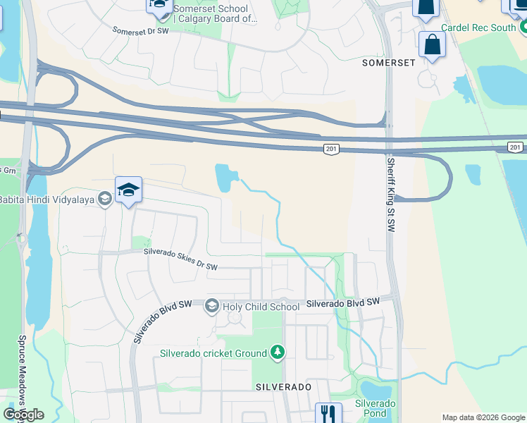 map of restaurants, bars, coffee shops, grocery stores, and more near Spruce Meadows Trail SE in Calgary