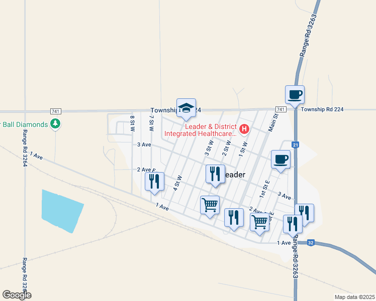 map of restaurants, bars, coffee shops, grocery stores, and more near 311 5 Street West in Leader